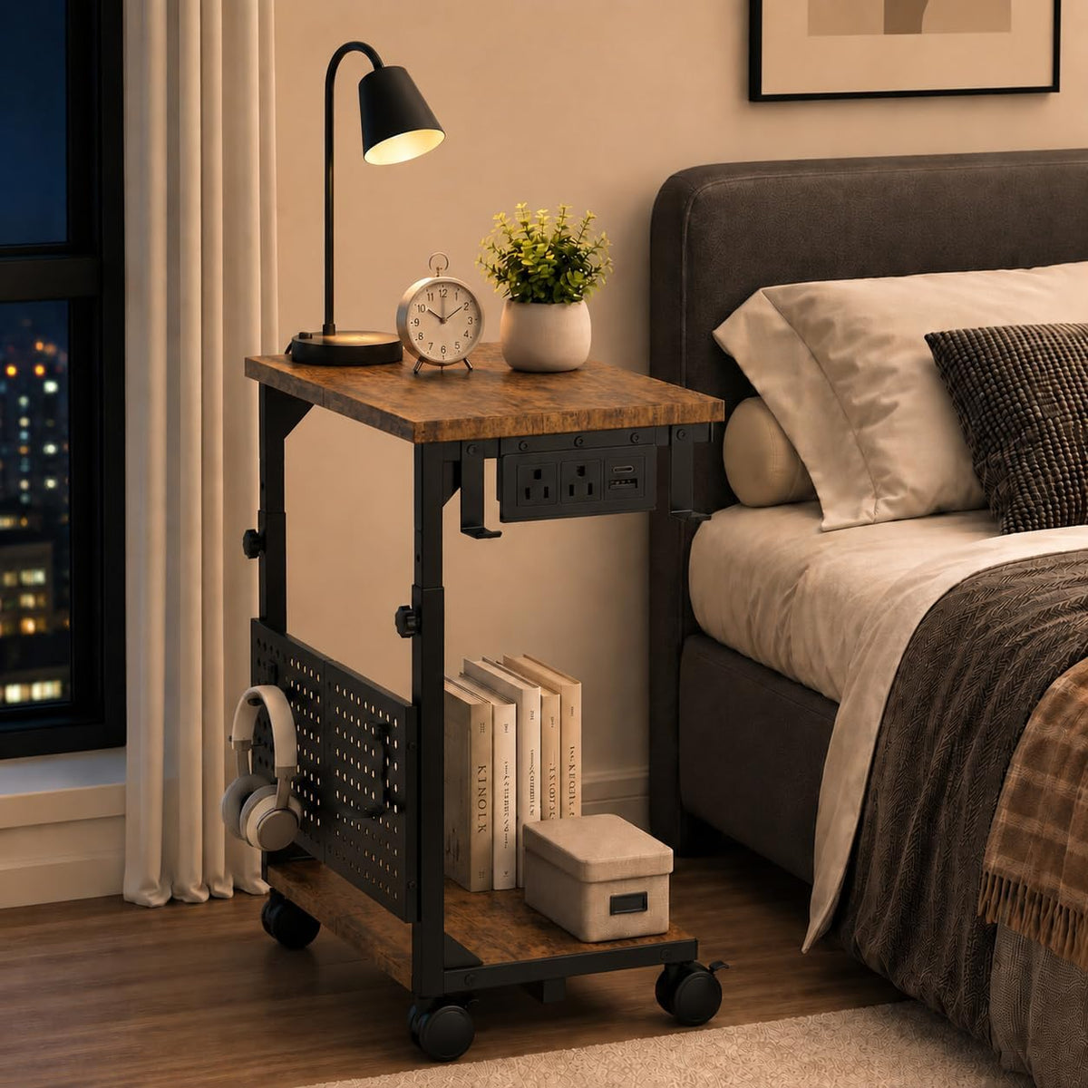 Adjustable Computer Tower Stand with Charging Station & Pegboard,Brown - Image 8