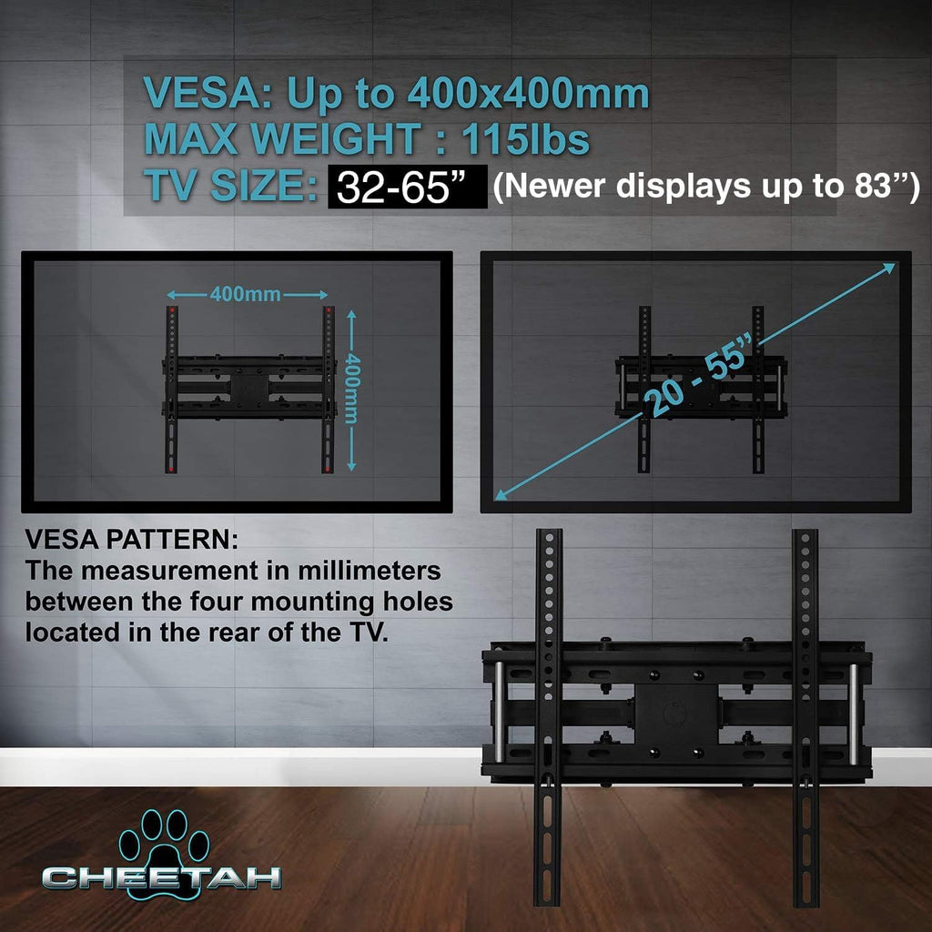 Cheetah Articulating Dual Arms TV Wall Mount for 32-65 Inch TVs, 115lbs VESA 400x400mm, 16" Studs, New TVs up to 83", Low Profile & Extends 14", Full Motion Tilt Swivel Bracket & 10 ft HDMI Cable - Image 7
