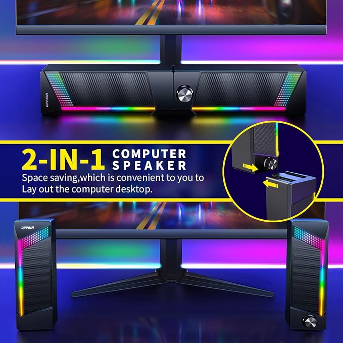 Computer Speakers, 2 in 1 PC Speaker , Gaming Speakers for PC Computer Laptop Desktop Monitor, RGB Speakers with Touch Sensitive Lighting, USB Powered 3.5mm Aux（Package Only Two Speaker, No Soundbar） - Image 2