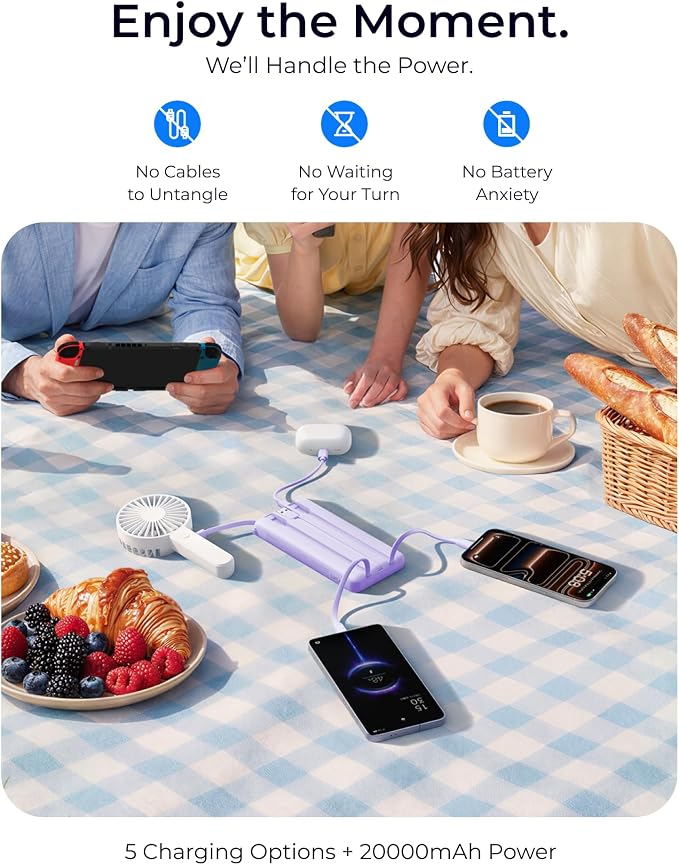 VRURC Portable Charger 4-Built-in-Cable Fast Charging 20000mAh Power Bank | Battery Protection,Flight-Approved,USB-C Cable,22.5W PD,Slim,Travel Essentials,Battery Pack for iPhone,iPad,Galaxy,Purple - Image 6