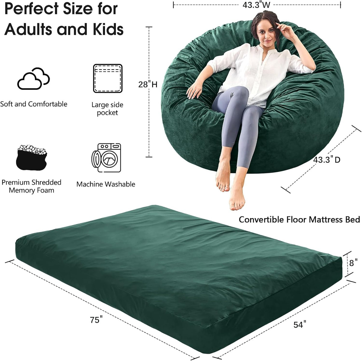 Bean Bag Chairs for Adults - Giant Bean Bag Convertible Floor Sofa - Image 3