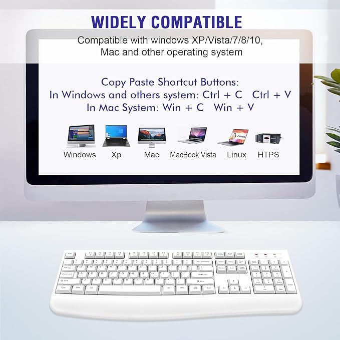 QUASIO Wireless Keyboard, 2.4G Full-Sized Ergonomic Wireless Computer Keyboard with Wrist Rest for Windows, Mac OS Laptop/PC/Desktop/Notebook(Off White) - Image 6