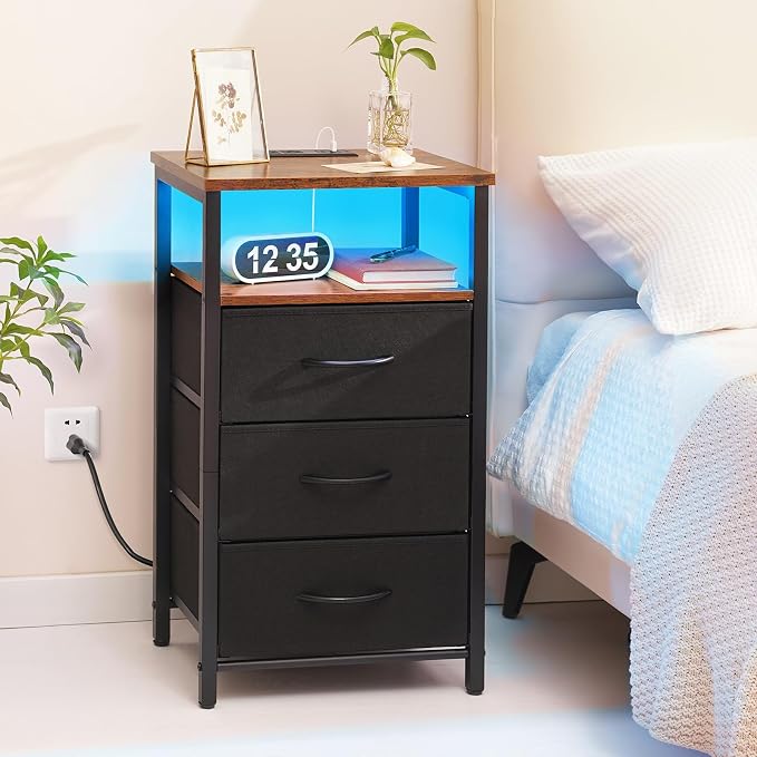 Yoobure Night Stand with Charging Station, 3 Fabric Drawers Nightstand, Bedside Tables with Storage Shelf, End Table with 16 Colors LED, Small Dresser for Small Space, Black Brown | 16 Colors Bedside Table with 3 Fabric Drawers & Storage Shelf, End Tab... - Image 2