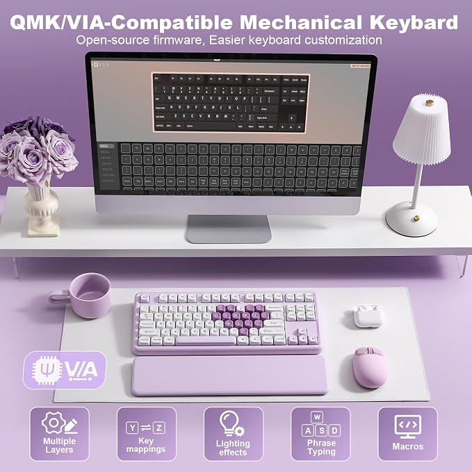 YUNZII B87 TKL Wireless Mechanical Keyboard (Purple Heart, MilkV2) | QMK/VIA, Wrist Rest, CreamyTyping, Cute MOA Keycaps, Gasket Mount, Hot Swap, RGB Backlit, NKRO, BT/2.4G/USB-C, for Win/Mac - Image 5