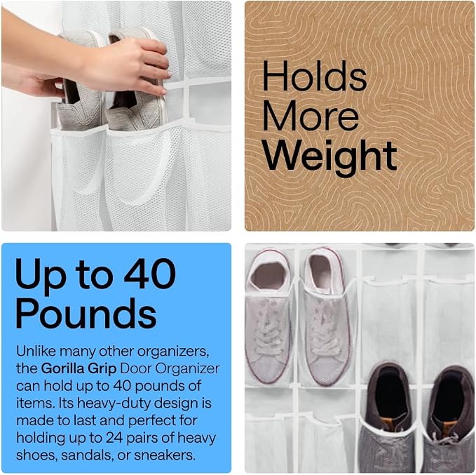 GORILLA GRIP Over the Door Shoe Organizer, 24 Large Pockets, White 2 Pack | Breathable Mesh Pocket, Space Saving Hanging Storage Holder, Closet Rack Hanger for Shoes, Pantry and Bathroom Accessories - Image 3
