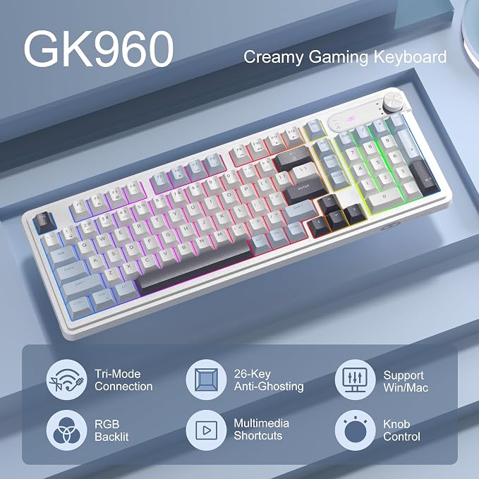 MageGee GK960 Wireless Keyboard, 98 Keys Tri-Mode BT/2.4G/Wired Membrane Gaming Keyboard, RGB Creamy Keyboard with Number Pad, Knob Control, 4000mAh Battery - Blue & White - Image 2