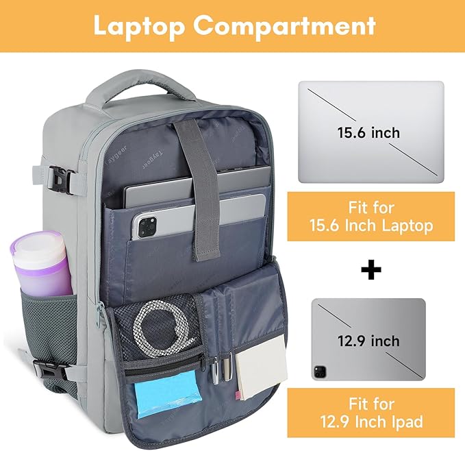 Taygeer Carry On Backpack, Womens Travel Backpack with Water Bottle Pocket | Laptop Mochila 15.6inch Flight Approved with Shoe Pouch, College Teacher Tote Bag for Business Travel Supplies, Grey - Image 6