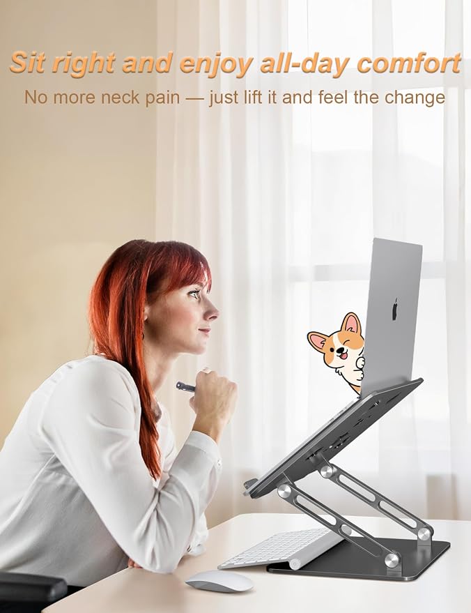 Aoviho Aluminum Laptop Stand for Desk Fit for All 10"-17.3" Laptops, Grey | Height-adjustable Notebook Holder, Ergonomic Computer Riser with Unique Puppy Cooling Vent, for Mac, Dell, Lenovo, HP - Image 5