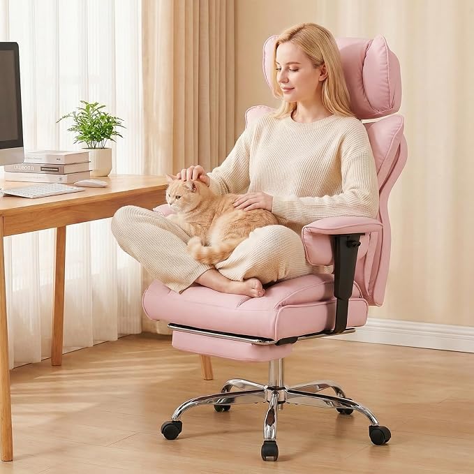 DUMOS Big and Tall Home Office Desk Chair, Executive Chair with Footrest | PU Leather, Ergonomic Comfy Lumbar Support, High Back Reclining, Adjustable Armrests, Pink - Image 8