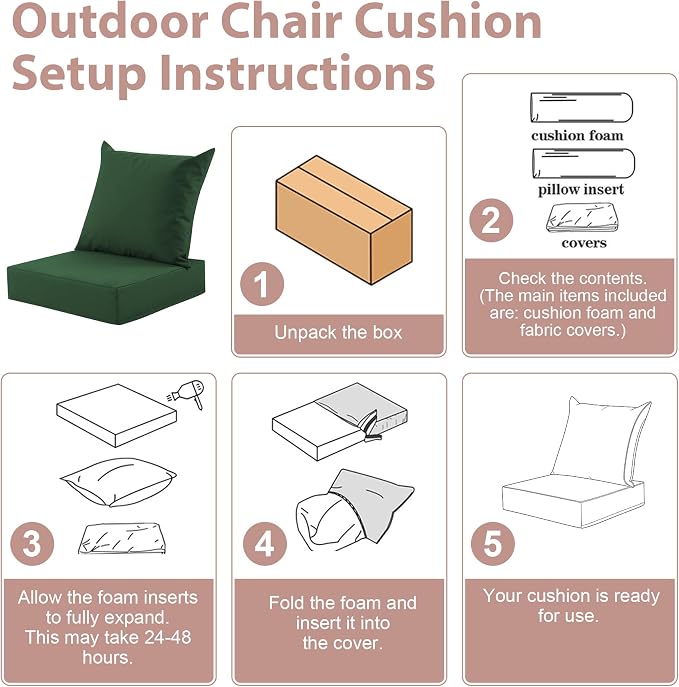 Outdoor Deep Seat Cushion Set, 24x24 Inch Water-Resistant & Fade-Resistant Outdoor Chair Cushions, Patio Furniture Cushions with Removable Cover for Patio Chair, Sofa, Forest Green (Set of 2) - Image 7