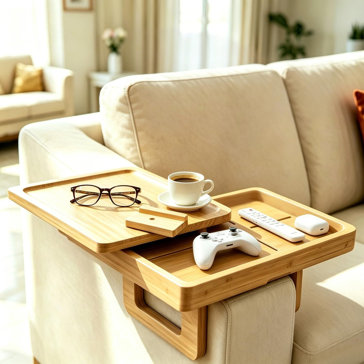 Bamboo Sofa Arm Tray Rotating Tabletop Couch Arm Table by ANBOO