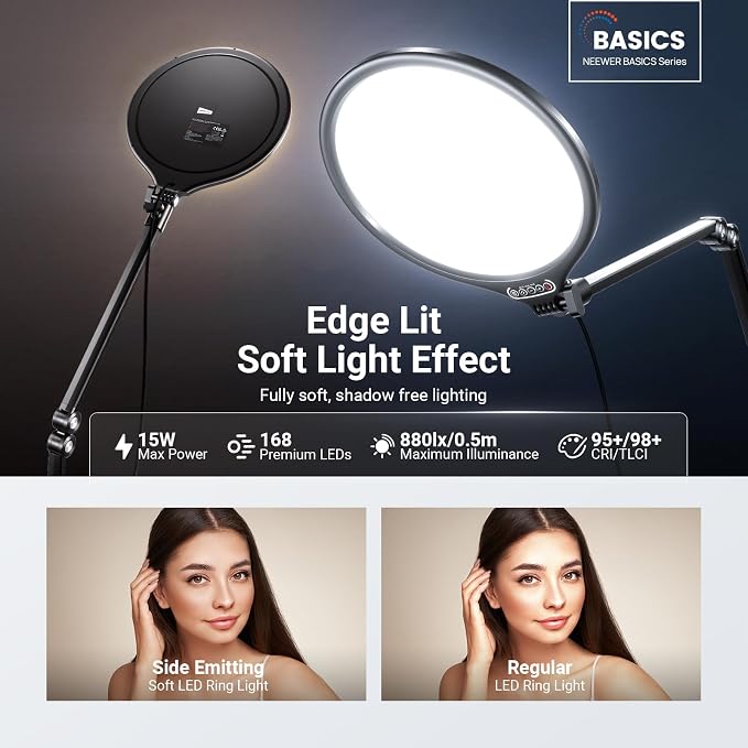 NEEWER Basics 2 Pack 10.5" Streaming Key Lighting, 3000-6500K 15W Full Screen LED Panel Ring Light with Adjustable Arm Stand Desk Clamp Timer for Laptop Computer Video Conference Zoom Makeup, R10 - Image 2