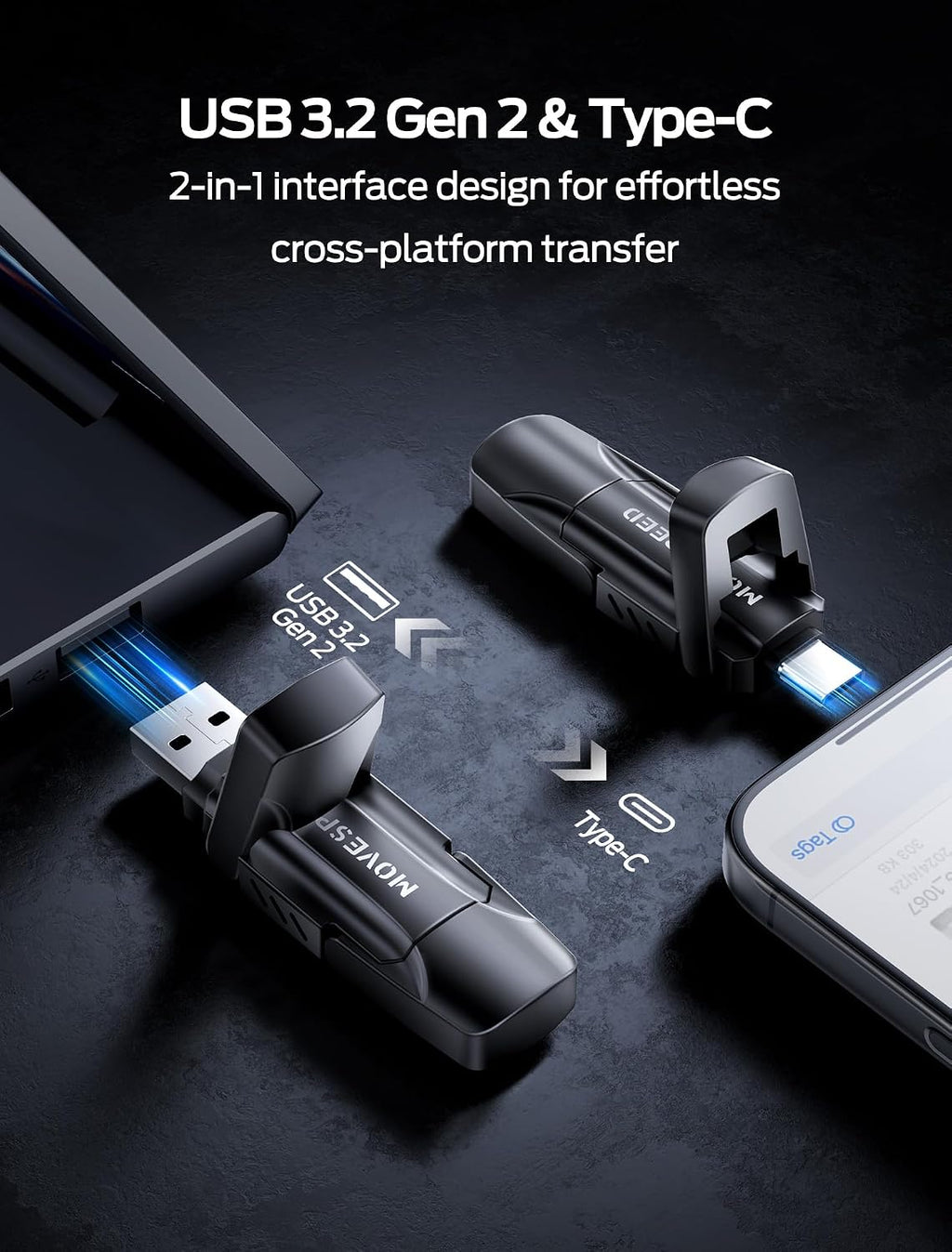 MOVE SPEED 128GB USB Drive, 570MB/S Read Speed External SSD with Dual Port Type C + USB 3.2 Portable SSD for iPhone 17/16/15 Series, Android, Mac, Windows - Image 3