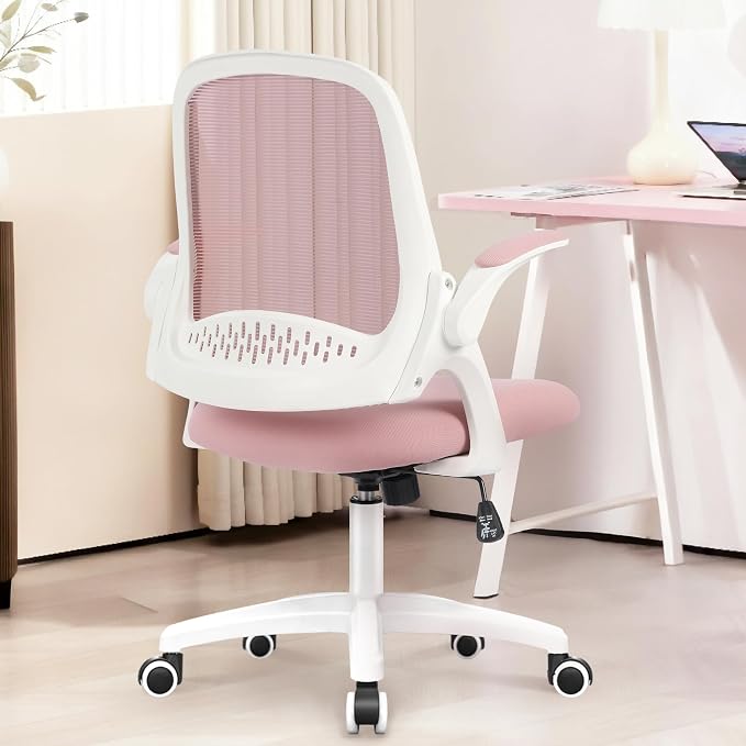 NEO CHAIR Office Desk Chair, Ergonomic Mesh with Flip-Up Armrests, Pink | Lumbar Support, Height Adjustment, 360° Swivel and Rolling Base, Space-Saving Design for Home Office, Vanity or Study - Image 7