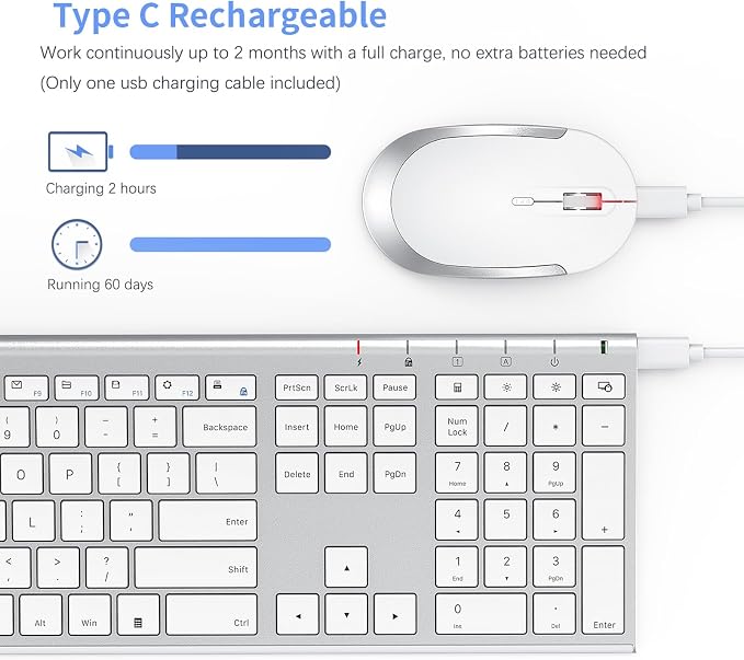 Vssoplor Wireless Keyboard and Mouse, Rechargeable Ultra Slim, White Silver | Quiet Full-Size Keyboard and Mouse Combo Set, for Laptop, PC, Notebook, Desktop, 2.4GHz Stable Connection, Ideal for Office - Image 3