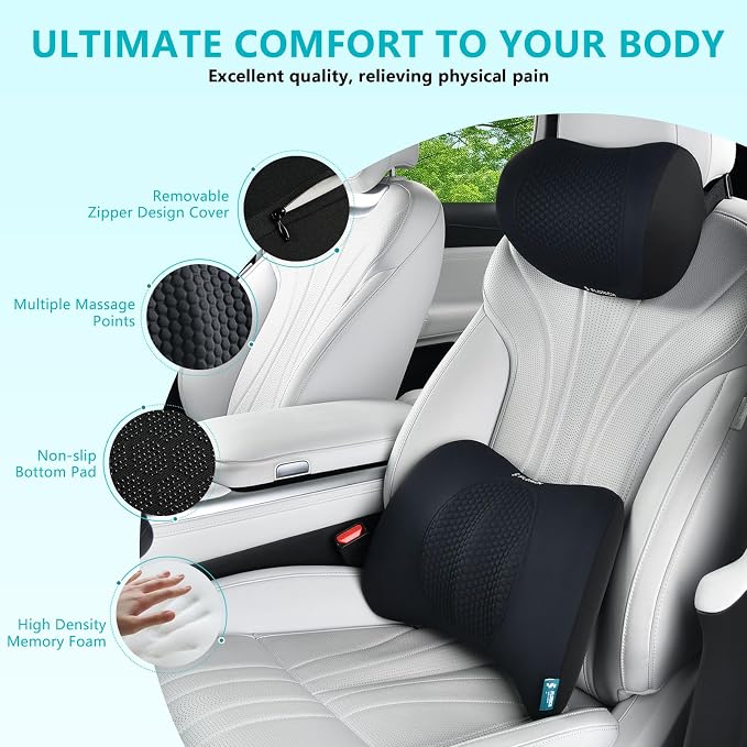 Lumbar Support with Car headrest Back Pillow for Chair Headrest Pillow with Gel Memory Foam Massage Point Memory Foam Back Pillow for Office Chair(Black) - Image 2