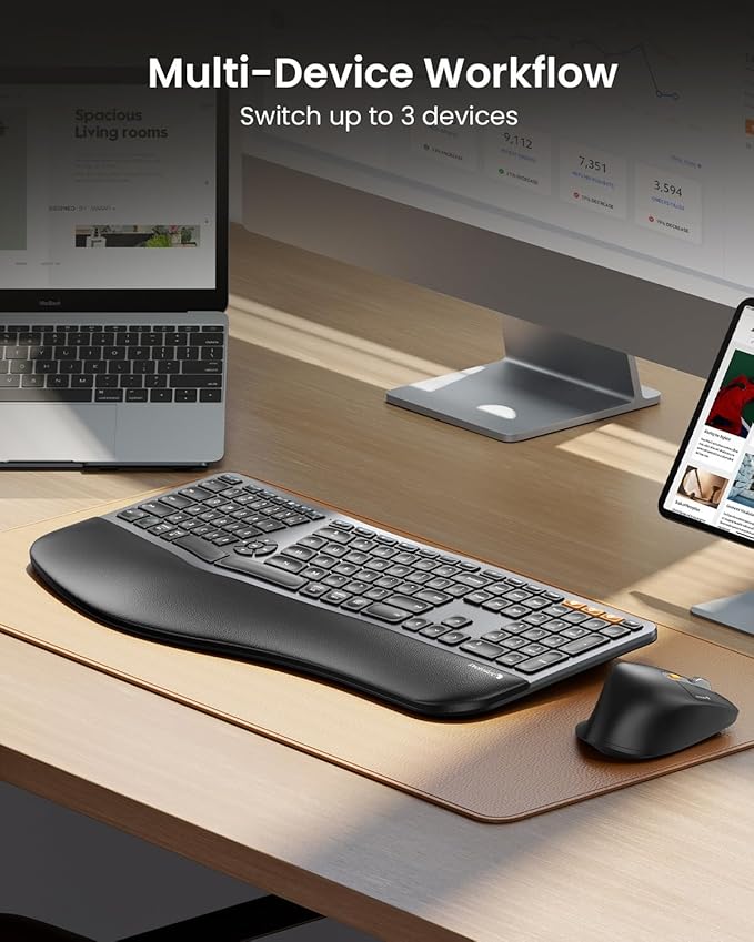 ProtoArc EKM01 Plus Wireless Ergonomic Keyboard Mouse Combo - Gray Black | Full-size Split Keyboard with Cushioned Wrist Rest, Ergonomic Mouse, 3-Device Bluetooth/2.4G, USB-C Rechargeable - Image 6