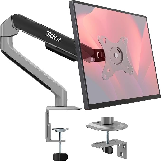 3IDEE FlexiLite Single Monitor Arm Desk Mount for 17-32" Screens, Holds up to 20 lbs, Slim Aluminium Design, Fully Adjustable & Flexible, Quick Box to Desk Setup, Clamp/Grommet Base, VESA 75/100 by 3IDEE