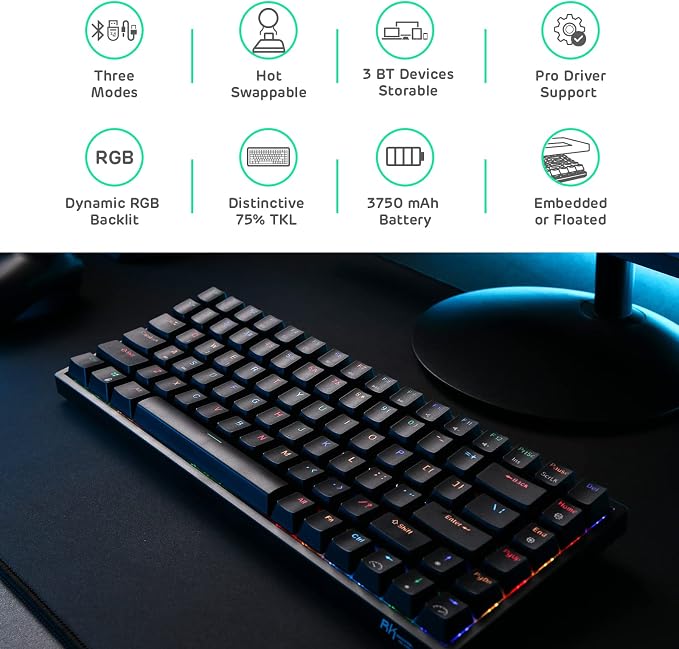 RK ROYAL KLUDGE RK84 Wireless RGB 75% Hot Swappable Mechanical Keyboard | 84 Keys Wireless Gaming Keyboard w/High-Capacity Battery, Triple Mode BT5.0/2.4G/USB-C, RK Custom Switch, Pro Driver Support - Image 2
