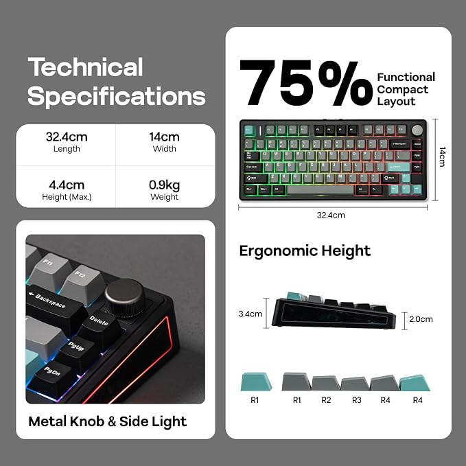 EPOMAKER TH80 V2 75% Wireless Mechanical Keyboard with Metal Knob, 8000mAh | 2.4Ghz/BT/USB-C, RGB, Hot Swap, Custom Driver, PBT Keycap, Wireless Gaming Keyboard for PC/Mac (Black, Creamy Jade) - Image 8
