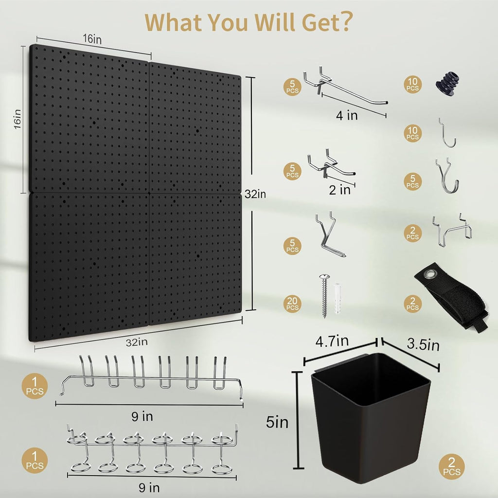 FZK Modular Plastic Peg Board Wall Organizer Kit, 16x16, Black - Image 2