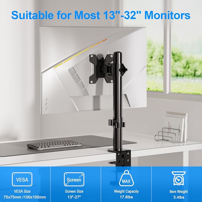 H&C(hcck&Cllassp) Single Monitor Stand for 13-27" Monitors up to 17.6lbs, Adjustable Heights and Angles Monitor Arm, Desk Mount Stand with C-Clamp, VESA 75x75mm or 100x100mm, Black - Image 2