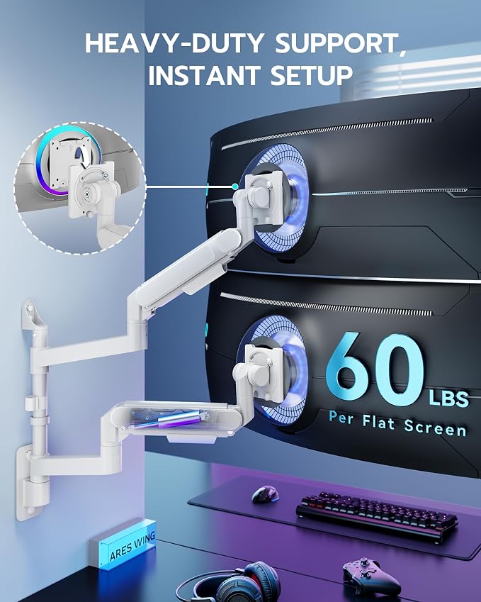 ARES WING Dual Monitor Wall Mount for 24-57 Inch Ultrawide Screen, White | Premium Heavy Duty Gaming Monitor Arm for 60 lbs, Full Motion Gas Spring, Bearing Head for Easy Adjustment, 75/100 VESA Mount - Image 3