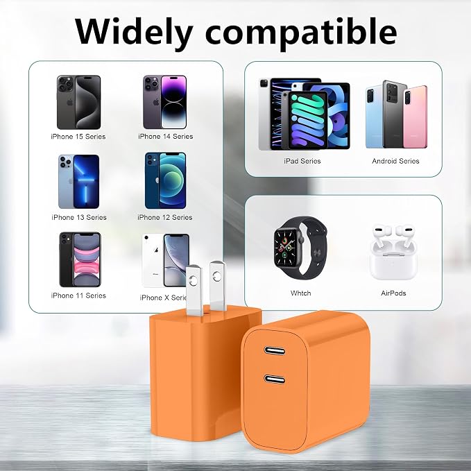 USB C Charger Block 3 Pack, Dual Port 20W Fast Wall Plug(Orange) | 20W PD fast charging USB C block for iPhone 17 16 15 14 13 12 11, iPad Pro, iPad Air, AirPods and Apple Watch. - Image 6