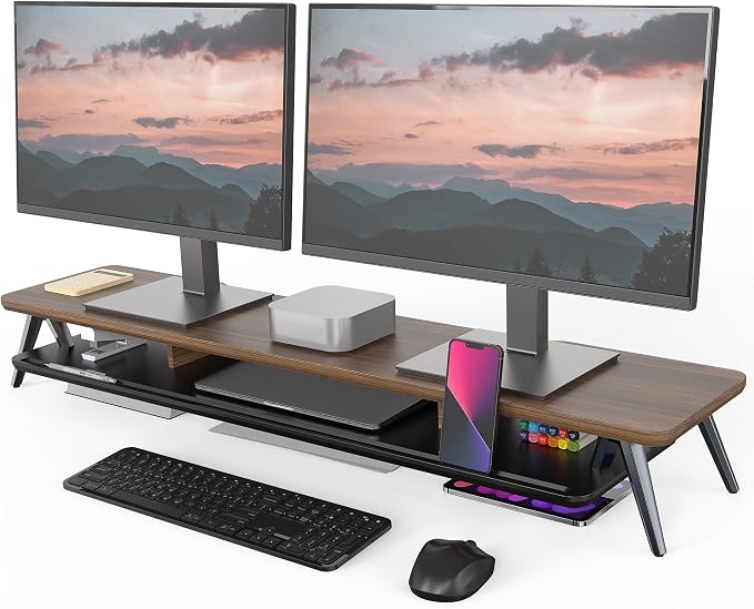 Fenge Dual Monitor Stand Riser, Wooden Desk Shelf with 2-Tier Storage | 42.5-Inch Wide, Sturdy Aluminum Legs, Built-In Phone & Tablet Slot, Desktop Organizer for Office Accessories by Fenge
