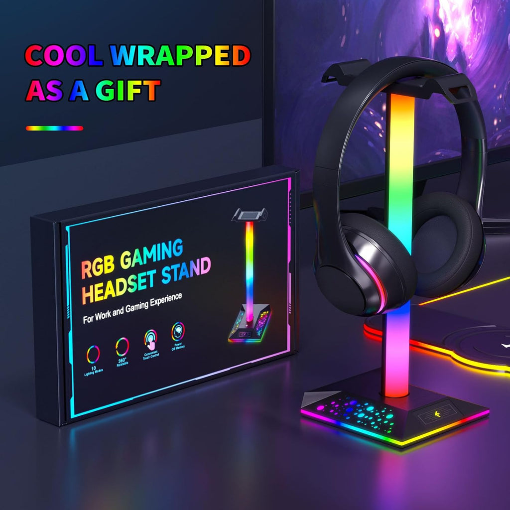 Hcman Headphone Stand Gaming Headset Holder RGB PC Gaming Accessories for Desk, Cool LED Headset Stand with 2 USB Charger for Gamer, Black - Image 4