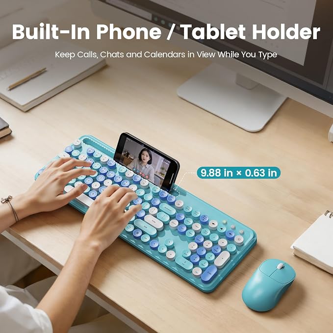 Wireless Keyboard and Mouse Combo, Retro Round Keycaps, Full-Size Stylish Typewriter Keyboard with Phone/Tablet Holder, Ergonomic Mouse with 3-Level DPI, 2.4GHz Connection for Windows/PC (Ice Blue) | Full-Size Retro Typewriter-Style Keyboard, Tilt Legs... - Image 2