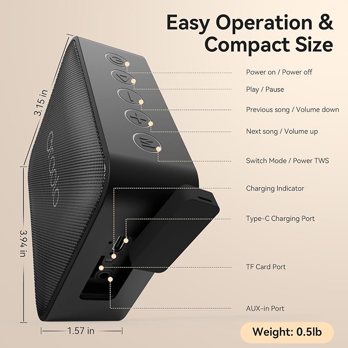 Oraolo Bluetooth Speaker, IPX7 Waterproof Portable with Stereo Sound, Bluetooth 5.4, TWS Pairing, Support AUX/TF Card, Small Wireless Speaker for Home, Shower, Outdoors, Travel, Black - Image 7