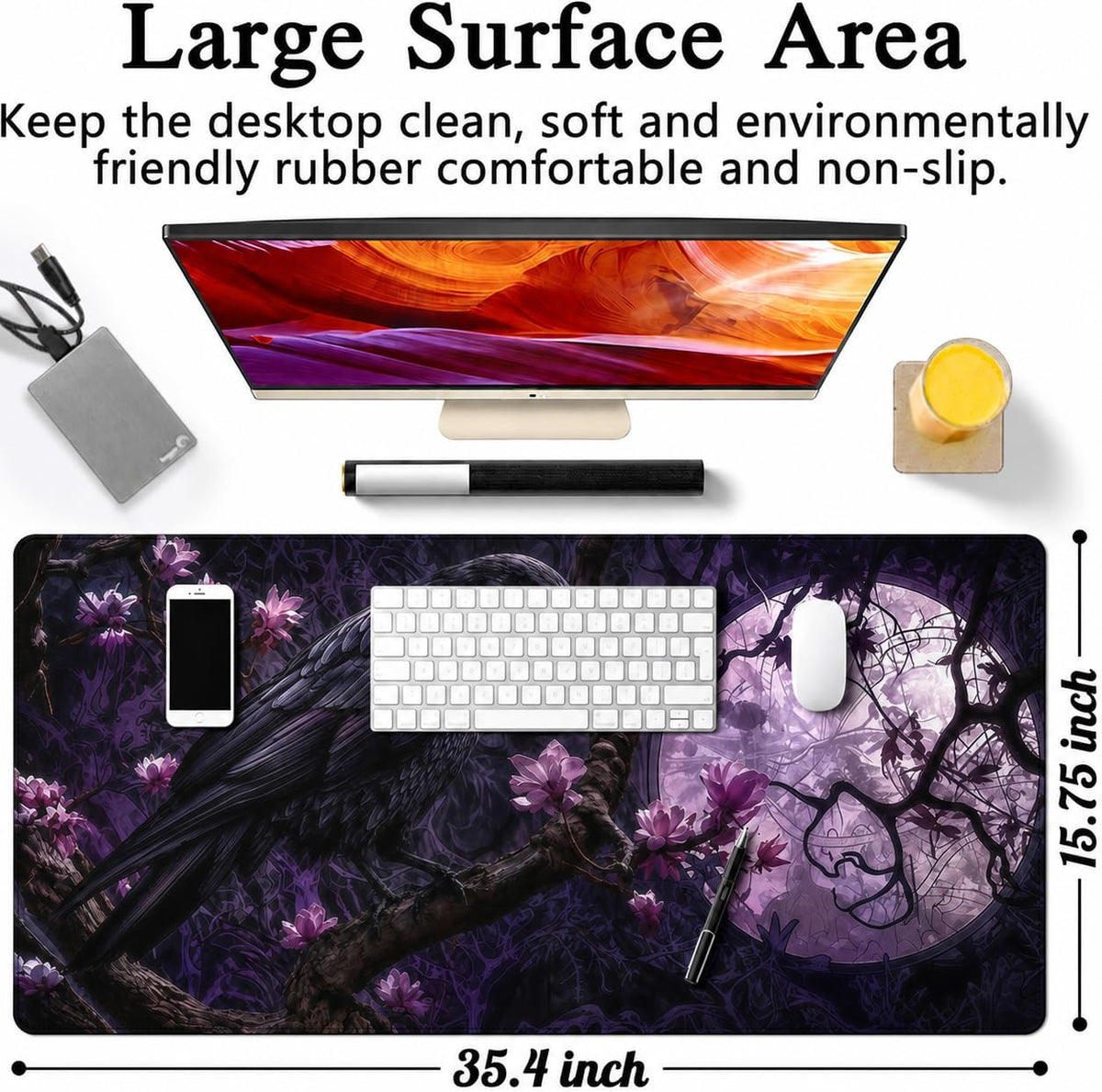 Gothic Raven Gaming Mouse Pad, Halloween XXL 35.4 x 15.7 in Desk Mat - Image 3