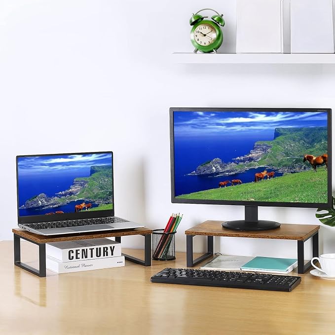 Wood Monitor Stand 2 Pack Monitor Riser for Desk, Brown | Desk Stand for Monitor, Computer Stand for Desk Shelf, for Office Laptop, Desktop Organizers, Easy Installation - Image 3
