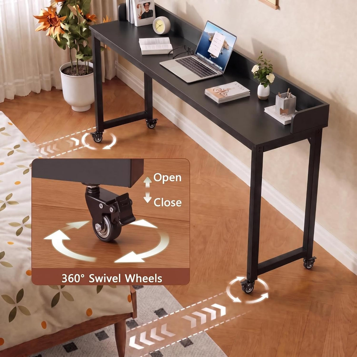 Clevich Overbed Table with Wheels, 16" D x 71" W x 41" H Mobile Bed Desk - Image 5