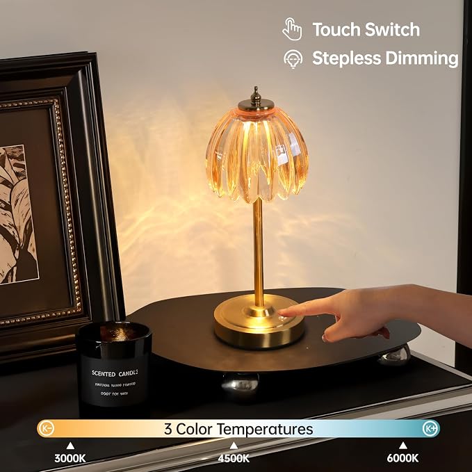 Shenmoyl Tulip Table Lamp with 5000mAh Battery & Touch Control, Cordless Table Lamp with 3 Colors, Dimmable Rechargeable Table Lamps for Bedroom, Nightstands, Living Room, Entryways (Amber Tulip) - Image 3