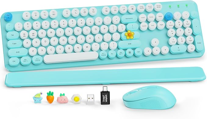 Wireless Keyboard and Mouse Combo, Full-Size Retro Typewriter Keyboard with Round Keycaps, Magnetic Wrist Rest, Tilt Legs, 2.4GHz Cordless for Mac, Windows PC, Laptop, SABLUTE CK23, Robin Egg Blue | Full-Size Retro Typewriter-Style Keyboard, 2.4GHz Cor... by SABLUTE