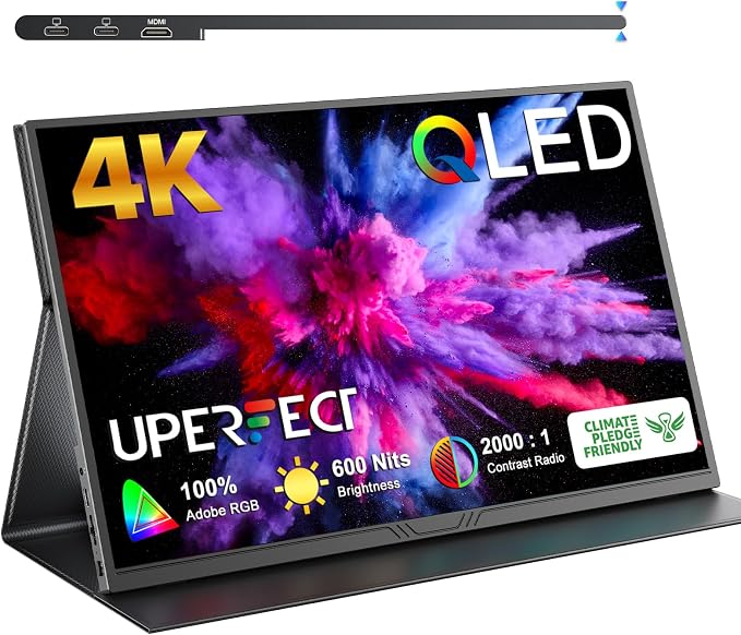 UPERFECT True 4K Portable Monitor QLED, 15.6” 600 Nits 100% AdobeRGB | UHD 3840x2400 Laptop Monitor, USB-C & MINI HDMI & Smart Case, Eye Care, Travel Screen for Computer, PC, Game Consoles by UPERFECT