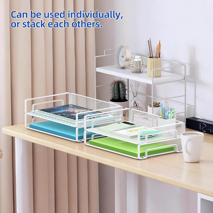 Samstar 4 Pack White Stackable Letter Paper Tray, Desk File Organizer Paper Sorter for Letter/A4 Size Folders Documents, Mesh Made,White - Image 4