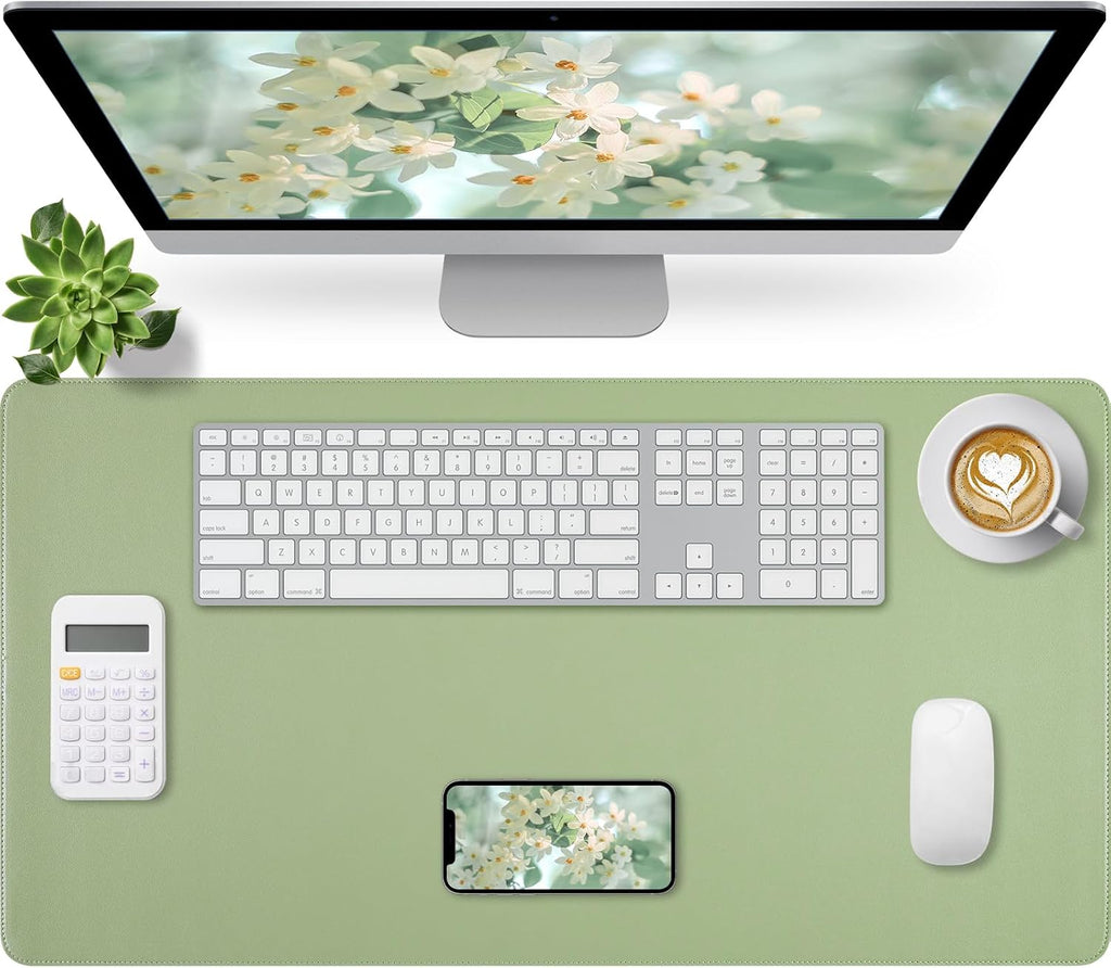 Leather Desk Mat with Stitched Edges, 27.6" x 13.8" Green Keyboard Mat by Bloss