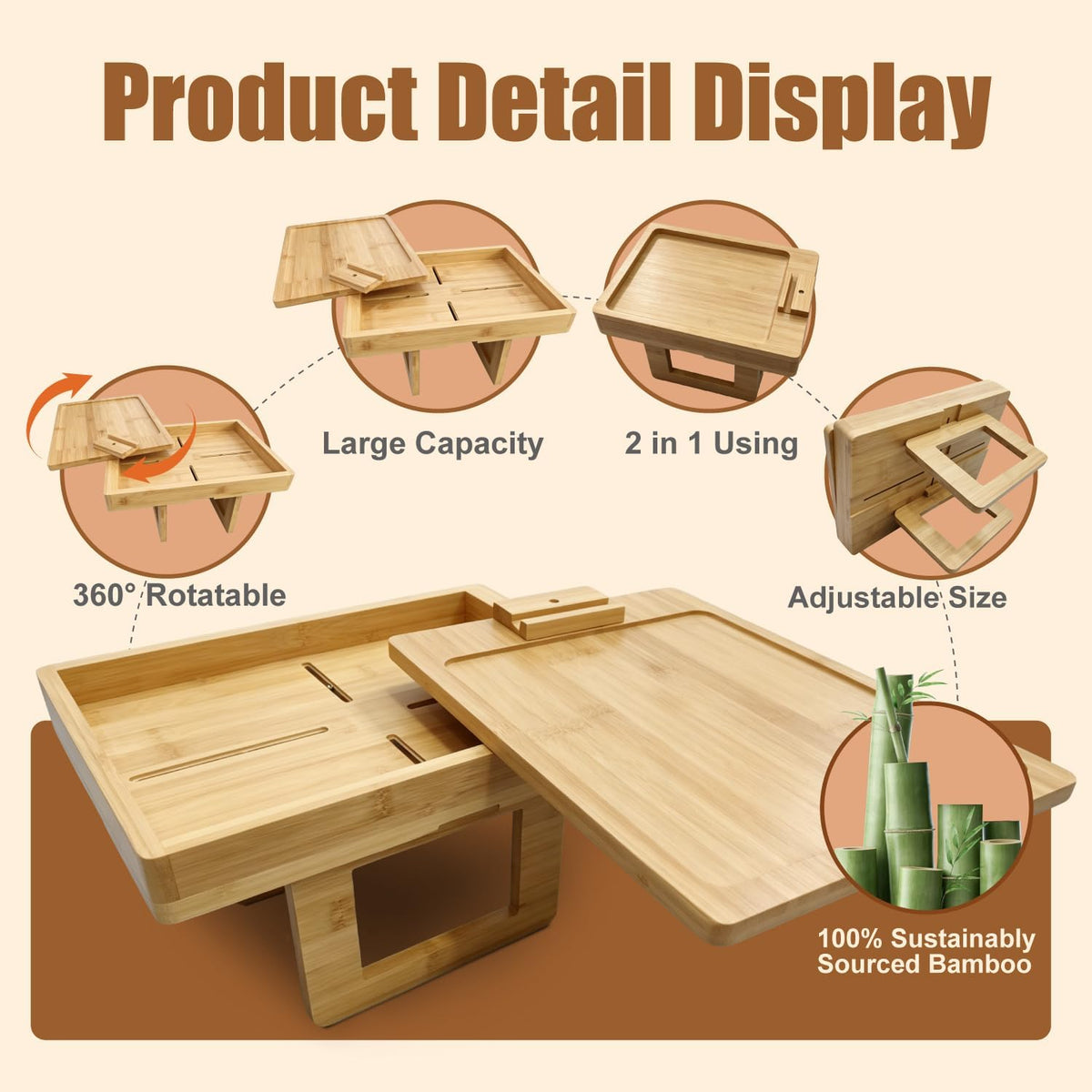 Bamboo Sofa Arm Tray Rotating Tabletop Couch Arm Table - Image 4