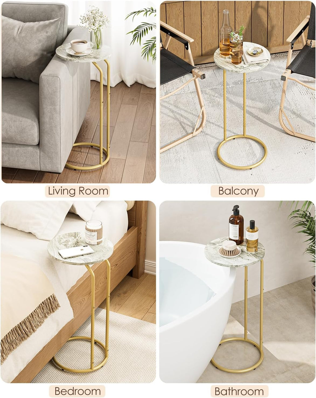 C-Shaped End Table Set of 2, Side Table for Couch, Marble and Gold - Image 9