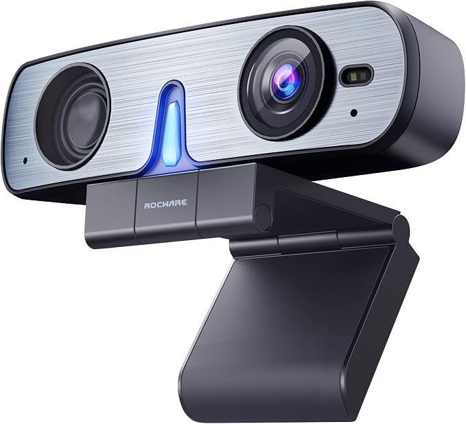 RC08 2K Webcam with Speaker, Webcam for PC, HD Web Cam with Noise Reduction Mic/Harman Speaker/4X Eptz/Privacy Cover/0.2S Auto-Focus/Low Illumination, Computer Camera for Zoom/Teams/Meeting by ROCWARE