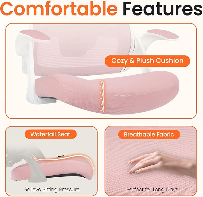 NEO CHAIR Office Desk Mesh Chair with Adjustable Ergonomic Lumbar, Pink | Breathable Mesh Back Support with Flip-Up Armrests and Wide Seat Cushion for Comfortable Home Office Work and Gaming Setup - Image 3
