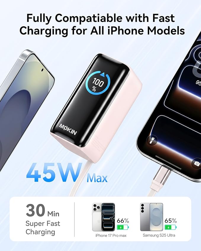 MOKiN Portable Charger with Built-in Retractable USB-C Cable, 45W Fast Charging 10000mAh Power Bank, Compact Travel Battery Pack for iPhone 17/16, Samsung Galaxy, iPad, Pixel and More - Image 3