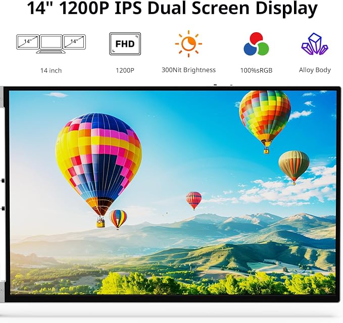 AYY Laptop Screen Extender, 14" FHD 1200P Portable Triple Monitor for 13"-17" Laptops, Aluminum Alloy Stand, Compatible with MacOS/Windows/Chrome - Image 2