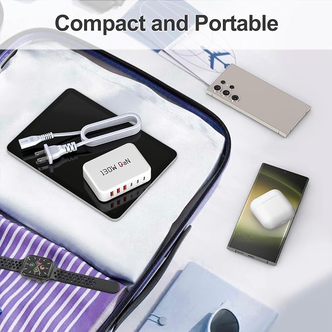 130W USB C Charger Block GaN 6 Port Fast USB C Charging Station for iPhone | Power Strip Adapter Plug for iPhone17 16 15 14 13 12 Pro Max/iPad/ iPad mini/Pro Galaxy S26/S25/S24/S23 5ft Power Cord- White - Image 7