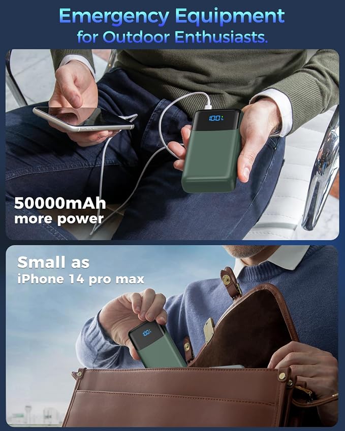 Portable Charger Power Bank 50000mAh, USB-C PD 30W Fast Charging External Battery Pack with 4 Outputs & 2 Inputs, Portable Phone Charger for iPhone 17/1615/14/13/12/11 Samsung Android (Dark Green) | 4 Outputs & 2 lnputs, Digital Display,Lightweight, Ph... - Image 6