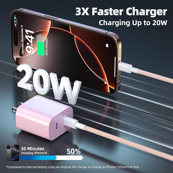 FONKEN for iPhone 17 16 15 Charger Fast Charging (4-Pack) 20W | Dual Port USB C Wall Charger Block with 6FT Type C Charging Cable for iPhone 17 16 Pro Max/Plus/Pro Max/iPad/Android Phone - Image 3