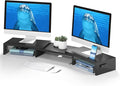 BONTEC Dual Monitor Stand Riser, Adjustable Length & Swivel Angle, Black | Ergonomic Wooden Desktop Organizer with Smartphone Holder, Computer Monitor Stand for PC, Laptop, Printer and Large Storage by BONTEC